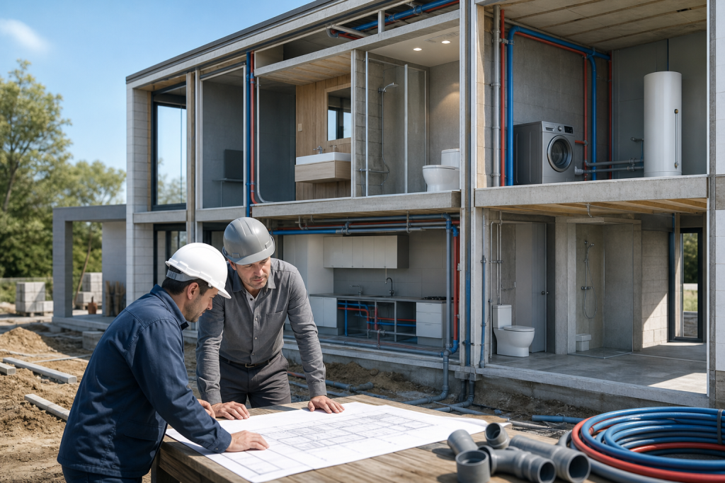 Deux professionnels du bâtiment examinent les plans devant une maison en construction, dont les canalisations sont visibles